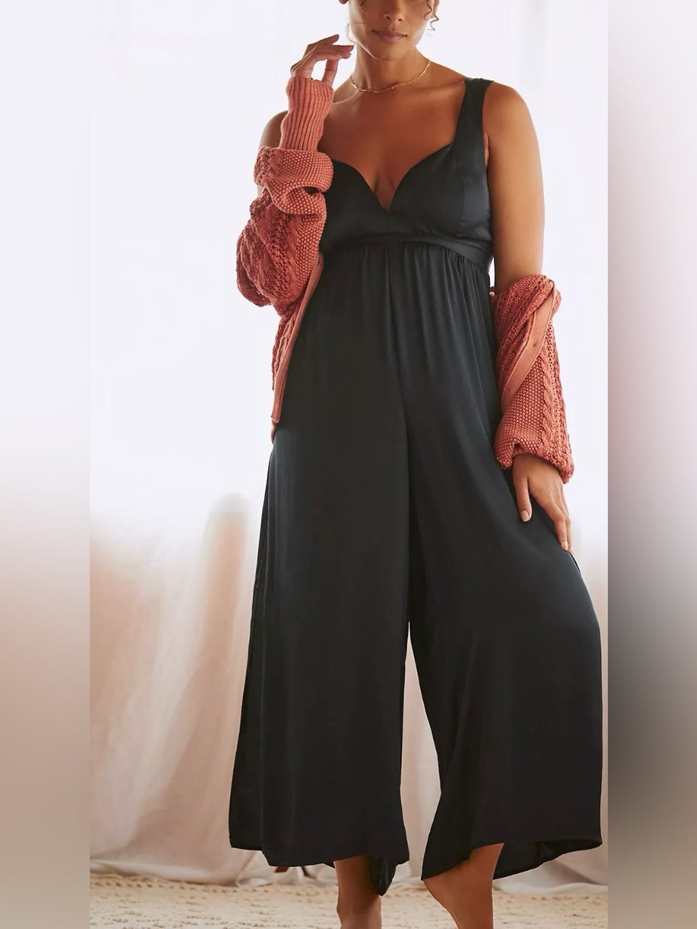 By Anthropologie Satin Wide-Leg Loungewear Jumpsuit in Black Size 1X